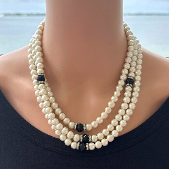 Vintage Triple-Strand Faux Pearl Necklace With Rhinestone & Black Bead Accents - Picture 1 of 3